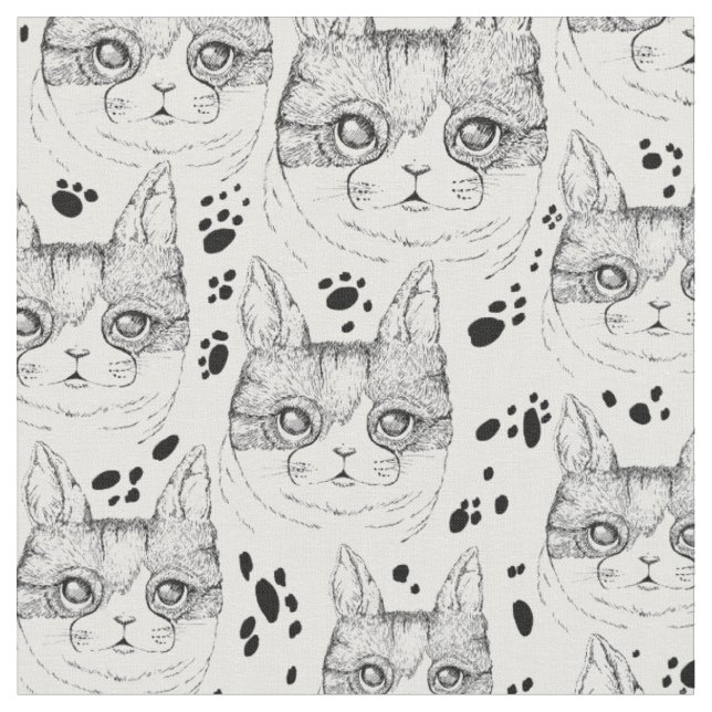 Cute Black and White Serene Cat Face Pattern  Fabric (Close Up)