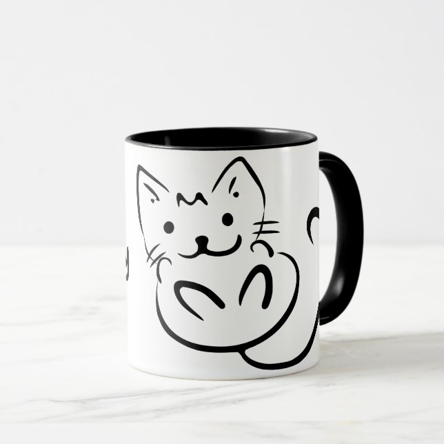 Cute Black and White Sketch Snuggly Kitten Mug (Front Right)