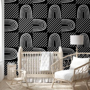 Cute Black and White Stripes and Arcs Pattern Wallpaper
