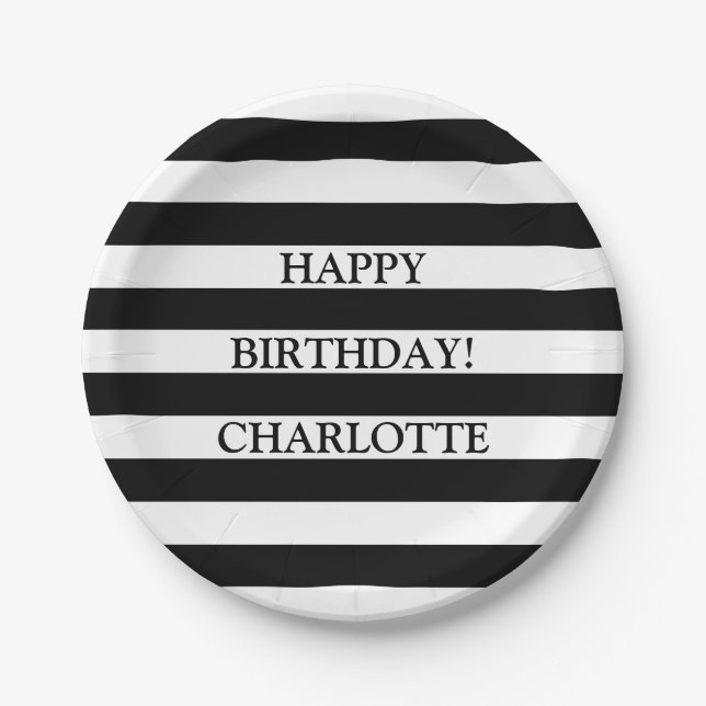 Cute black and white stripes custom name birthday paper plate (Front)