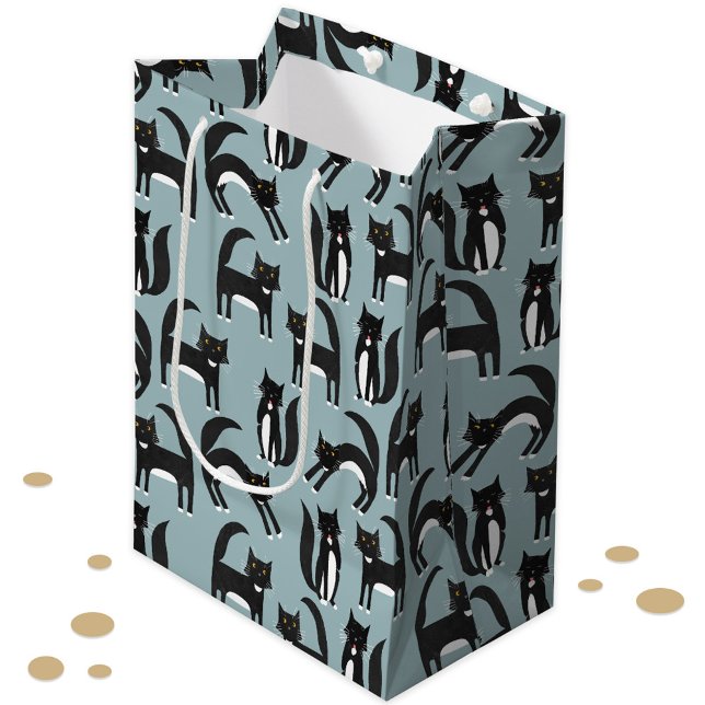 Cute Black and White Tuxedo Cat Pattern Medium Gift Bag (Fun Tuxedo Black and White Cat gift bag)