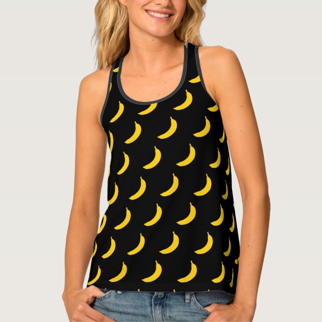 Cute black and yellow banana print women's tank top (Front)