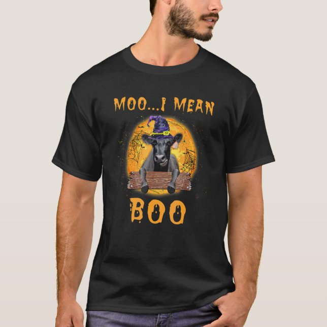 Cute Black Angus Cattle Ghost Cow Moo I Mean Boo T-Shirt (Front)