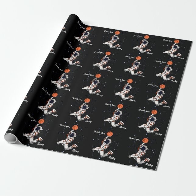 Cute Black Astronaut Outer Space Galaxy Basketball Wrapping Paper (Unrolled)