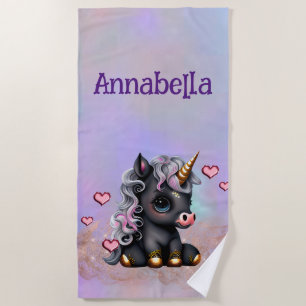 Cute Black Baby Unicorn and Hearts Beach Towel