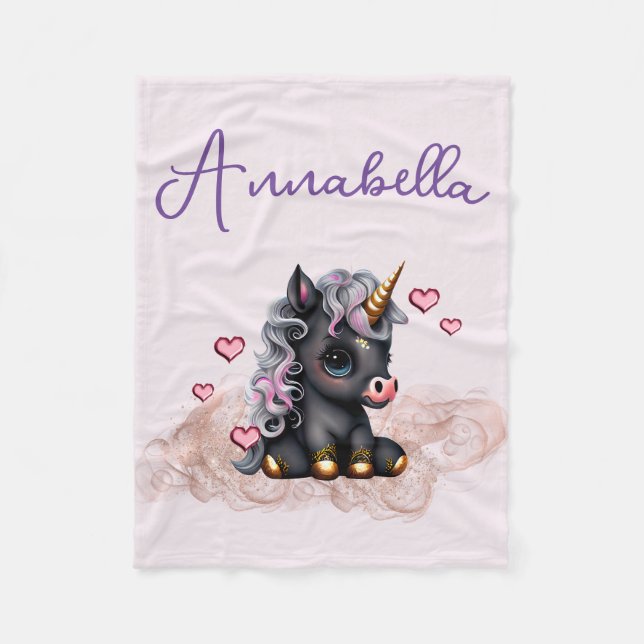 Cute Black Baby Unicorn and Hearts Fleece Blanket (Front)