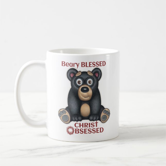 Cute Black Bear, Bear-y Blessed Christ Obsessed Coffee Mug (Left)