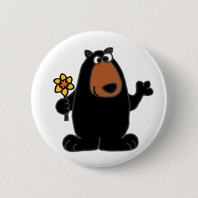 Cute Black Bear with Daffodil Cartoon 2 Inch Round Button (Front)