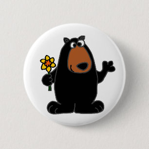 Cute Black Bear with Daffodil Cartoon 2 Inch Round Button