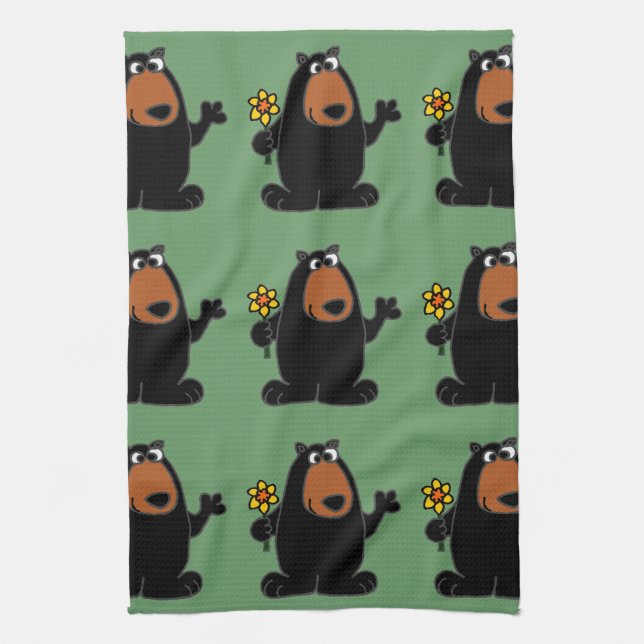 Cute Black Bear with Daffodil Cartoon Kitchen Towel (Vertical)