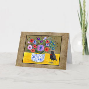 Cute Black Bird with Flowers Whimsical Art Custom Card