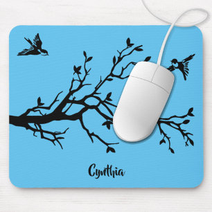 Cute Black Birds & Tree Branch Personalized Mouse Pad