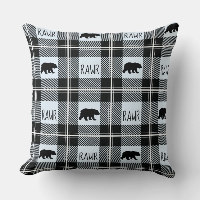 Cute Black Blue & White Bear and Rawr Flannel Throw Pillow (Front)