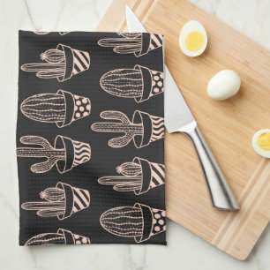 Cute Black Blush Pink Potted Cactus Pattern Kitchen Towel