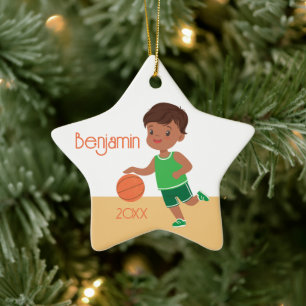 Cute Black Boy Basketball Personalized Christmas Ceramic Ornament