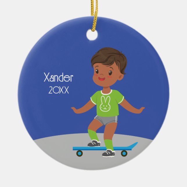 Cute Black Boy Skateboard Ceramic Ornament (Front)