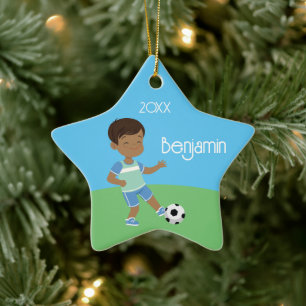 Cute Black Boy Soccer Personalized Christmas Ceram Ceramic Ornament