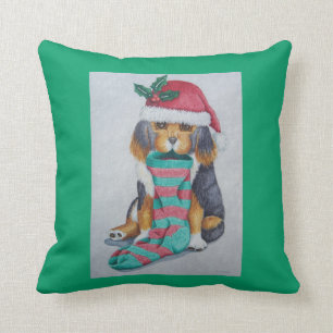 cute black brown puppy dressed for christmas throw pillow