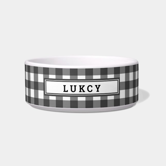 Cute Black Buffalo Plaid Dog Name Personalized Bowl (Front)