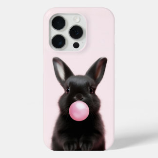 Cute Black Bunny Blowing Pink Bubble Gum  iPhone 15 Pro Case