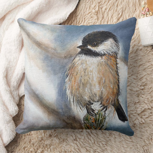 Cute Black Capped Chickadee Art Throw Pillow (Blanket)