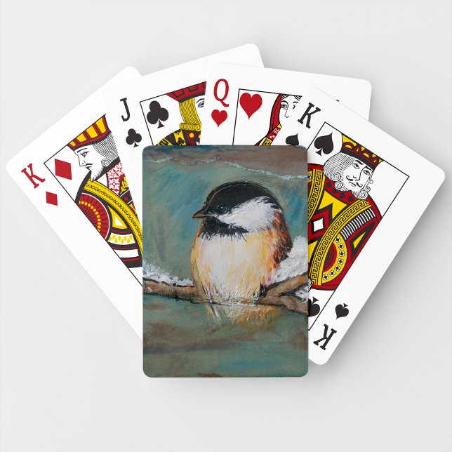 Cute Black Capped Chickadee Bird Winter Painting Playing Cards (Cute Chickadee Bird Art playing cards from Jenn's Emporium. )