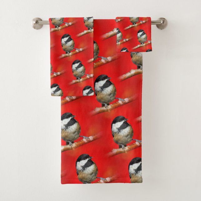 Cute Black-Capped Chickadee with Red Autumn Leaves Bath Towel Set (Insitu)