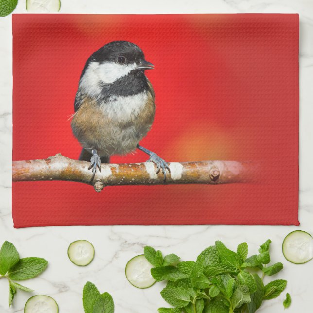 Cute Black-Capped Chickadee with Red Autumn Leaves Kitchen Towel (Folded)