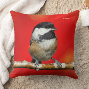 Cute Black-Capped Chickadee with Red Autumn Leaves Throw Pillow
