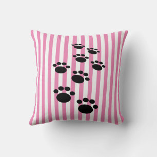 Cute Black Cartoon Pet Paws And Stripes Throw Pillow