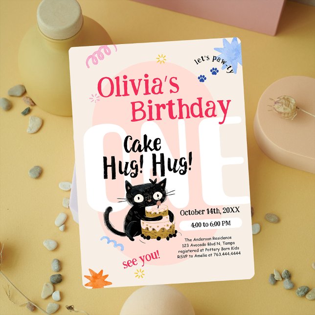 Cute Black Cat 1st Birthday Party Invitation (Cute Black Cat 1st Birthday Party Invitation)