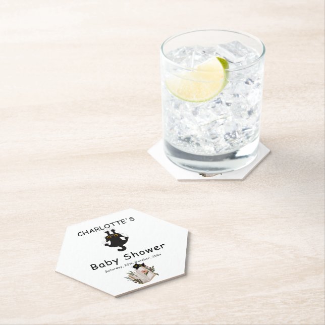 Cute Black Cat and Book Baby Shower Paper Coaster (Insitu)