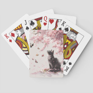 Cute Black Cat and Butterfly Under Pink Sakura Playing Cards