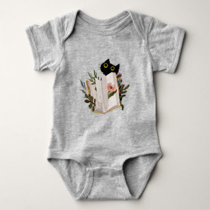 Cute Black Cat and Floral Book Baby Bodysuit