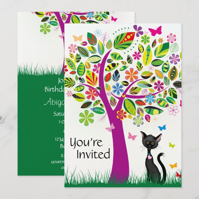 Cute Black Cat and Flower Tree Birthday Invitation (Front/Back)