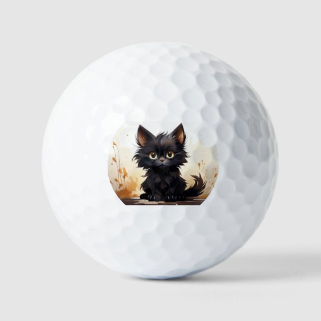 Cute Black Cat and Flowers Golf Balls (Front)