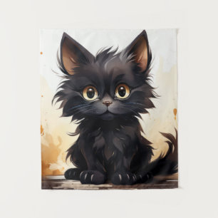 Cute Black Cat and Flowers Tapestry