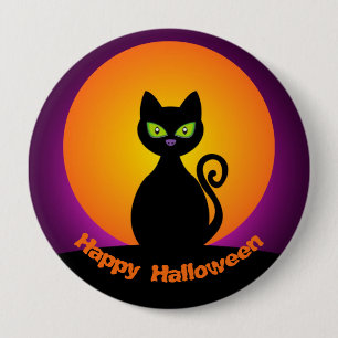 Cute Black Cat and Orange Moon 4 Inch Round Button