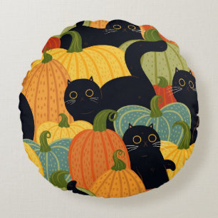 Cute Black Cat and Pumpkin Halloween Seamless  Round Pillow