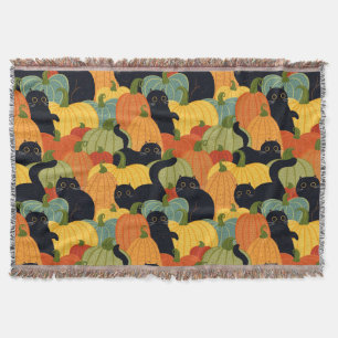 Cute Black Cat and Pumpkin Halloween Seamless Throw Blanket