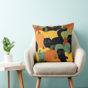 Cute Black Cat and Pumpkin Halloween Seamless  Throw Pillow