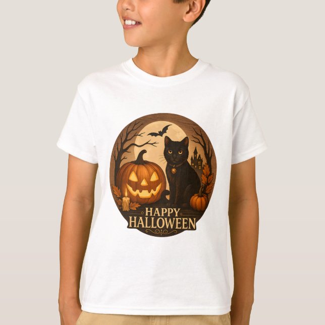 Cute Black Cat and Pumpkin | Happy Halloween Art T-Shirt (Front)