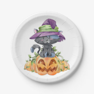 Cute Black Cat and Pumpkins Paper Plate