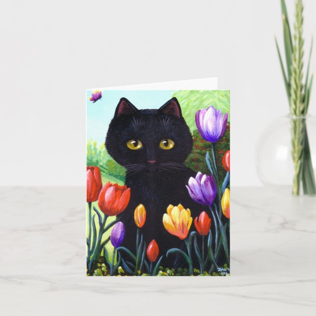 Cute Black Cat Art Tulips Flowers Creationarts Holiday Card (Front)