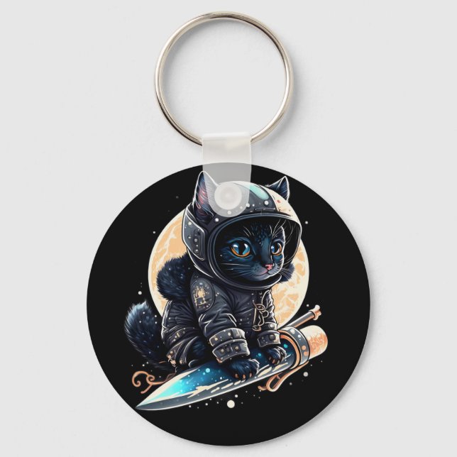Cute Black Cat Astronaut Keychain (Front)