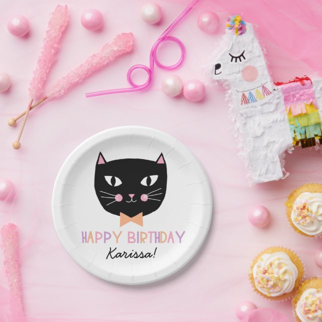 Cute Black Cat Birthday Name Paper Plate (Party)