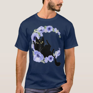 Cute Black Cat Blue Flower Crescent Moon Luna Cele T-Shirt