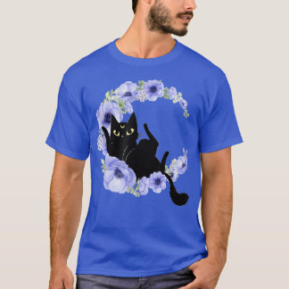 Cute Black Cat Blue Flower Crescent Moon Luna Cele T-Shirt