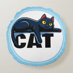 Cute Black Cat Blue Frame Round Throw Pillow