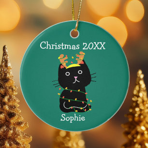 Cute Black Cat Christmas Drawing Monogram Green Ceramic Ornament